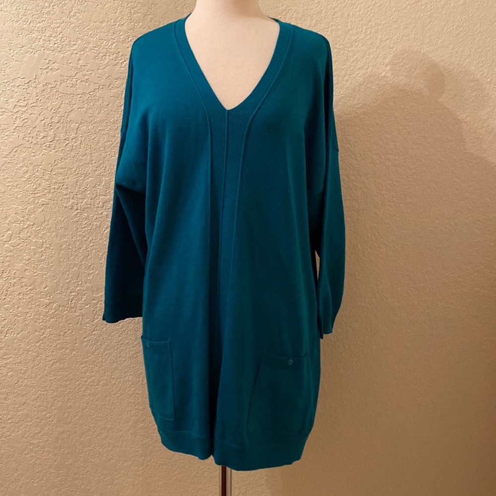 Teal Cotton V-neck Sweater, XL